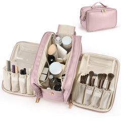 HauteHues travel makeup bag large opening enables quick access to cosmetics on the go.