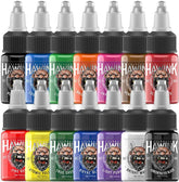 HAWINK tattoo ink set packaging shows 14 bottles for professional kits and consistent pigment delivery.