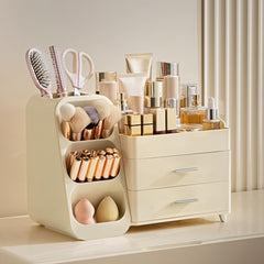 HBlife makeup organizer with two drawers for secure cosmetics storage.
