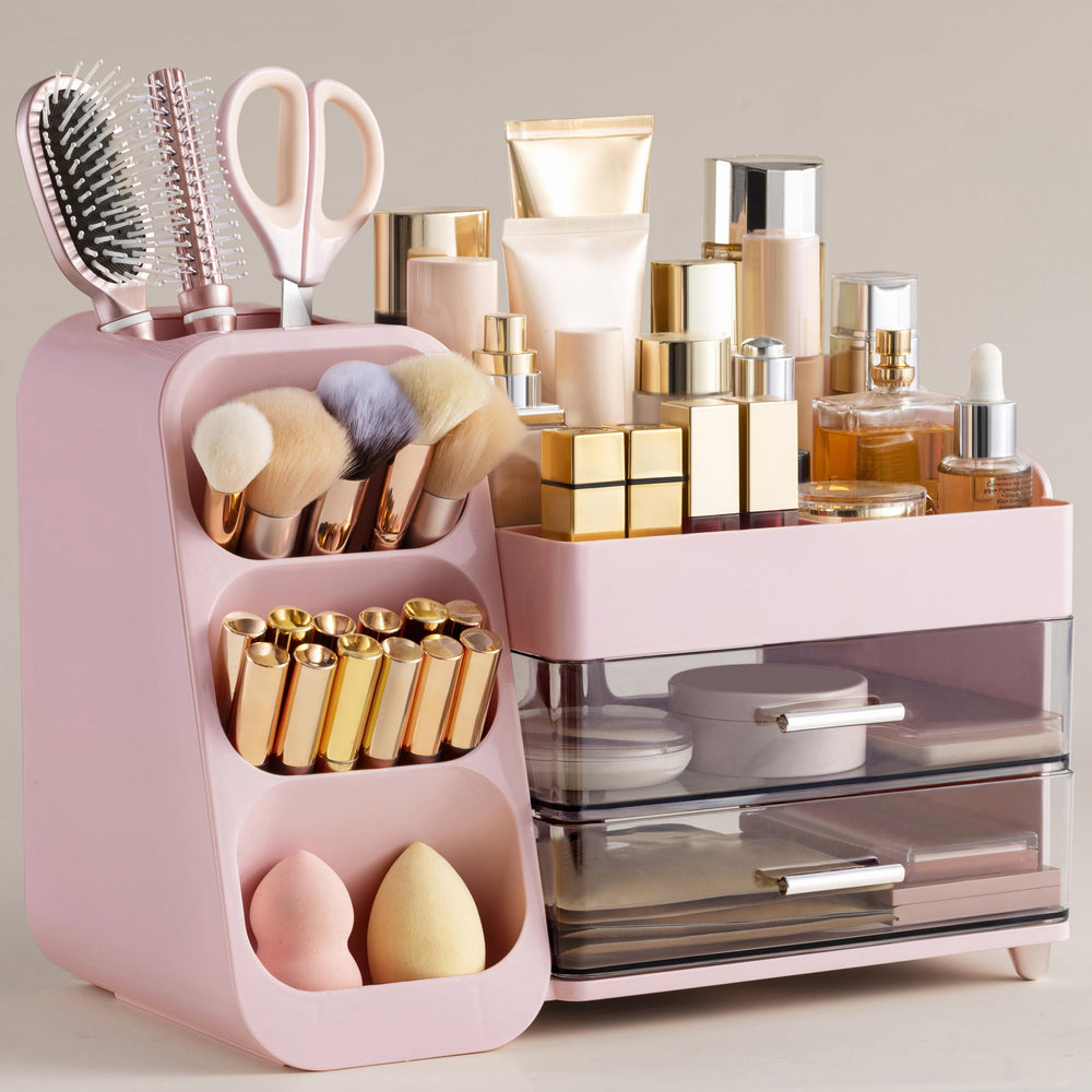HBlife makeup organizer vanity top compartments keep daily essentials organized for easy access.