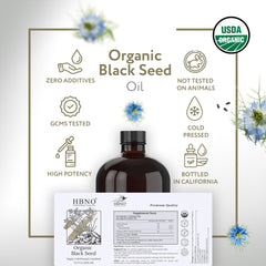 HBNO black seed oil label highlights organic cold-pressed quality