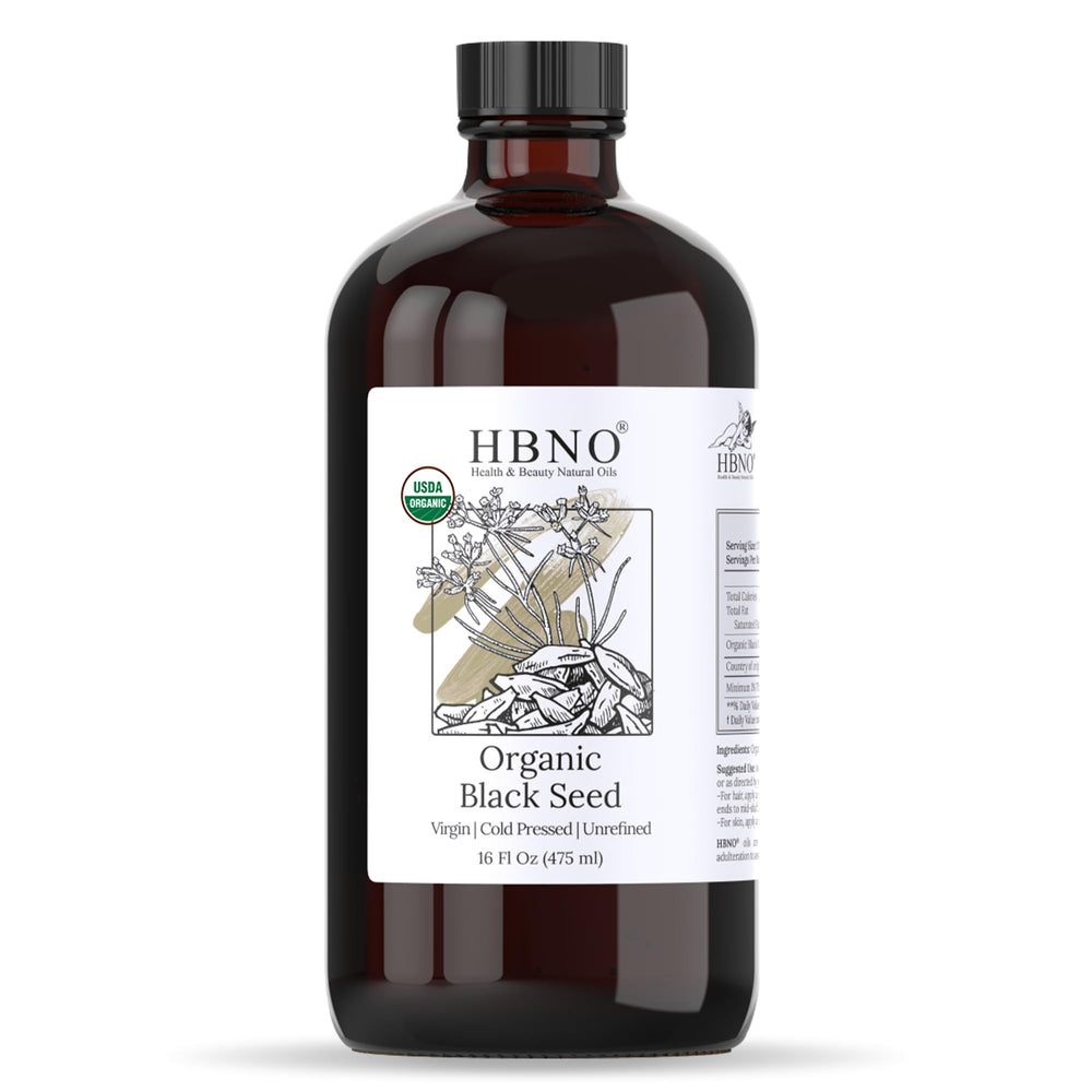 HBNO Organic Black Seed Oil 16oz bottle for daily skincare and wellness routines