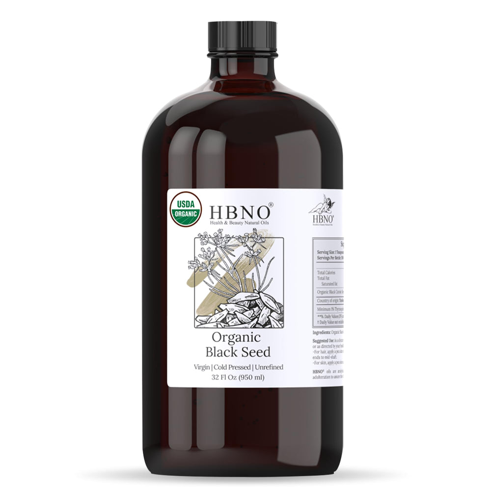 HBNO organic black seed oil 32oz bottle front for skincare versatility