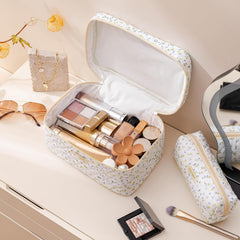 HBselect quilted makeup bag medium front view for compact travel with organized storage.