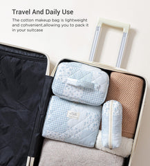 HBselect quilted makeup bag displayed for travel and folding flat storage.