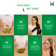 Bottle of H&C Henna powder emphasizes chemical-free formula for safe hair coloring.