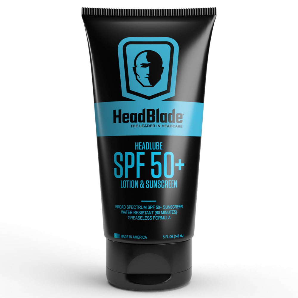 HeadBlade HeadLube SPF50 bottle front demonstrates sweat-proof sunscreen for face, body, and scalp.