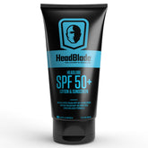 HeadBlade HeadLube SPF50 bottle front demonstrates sweat-proof sunscreen for face, body, and scalp.