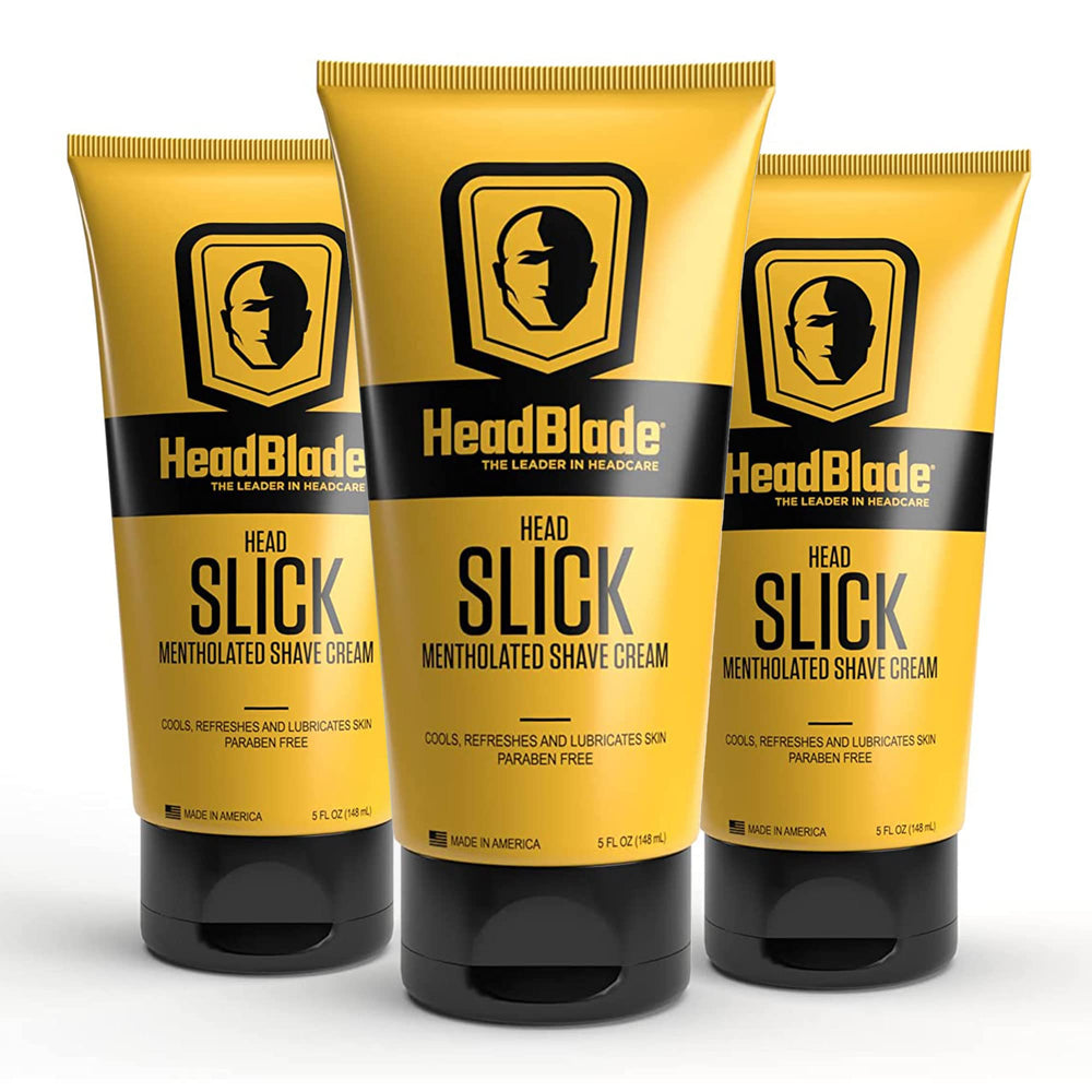 HeadBlade HeadSlick shave cream pump bottle highlighting effortless head shave