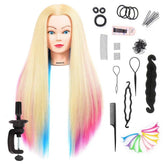 Headdoll mannequin head with long colorful synthetic hair for training and braiding practice.
