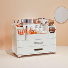 Heaime makeup organizer drawer close-up shows practical storage for masks and vanity kit.