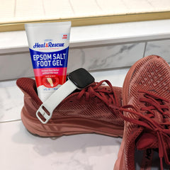 Heal&Rescue Epsom Salt Foot Gel on moisturized feet after a long day.