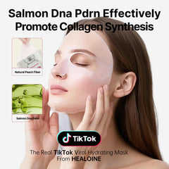 HEALOINE salmon-dna-pdrn pink mask on face delivering comforting hydration for sensitive skin