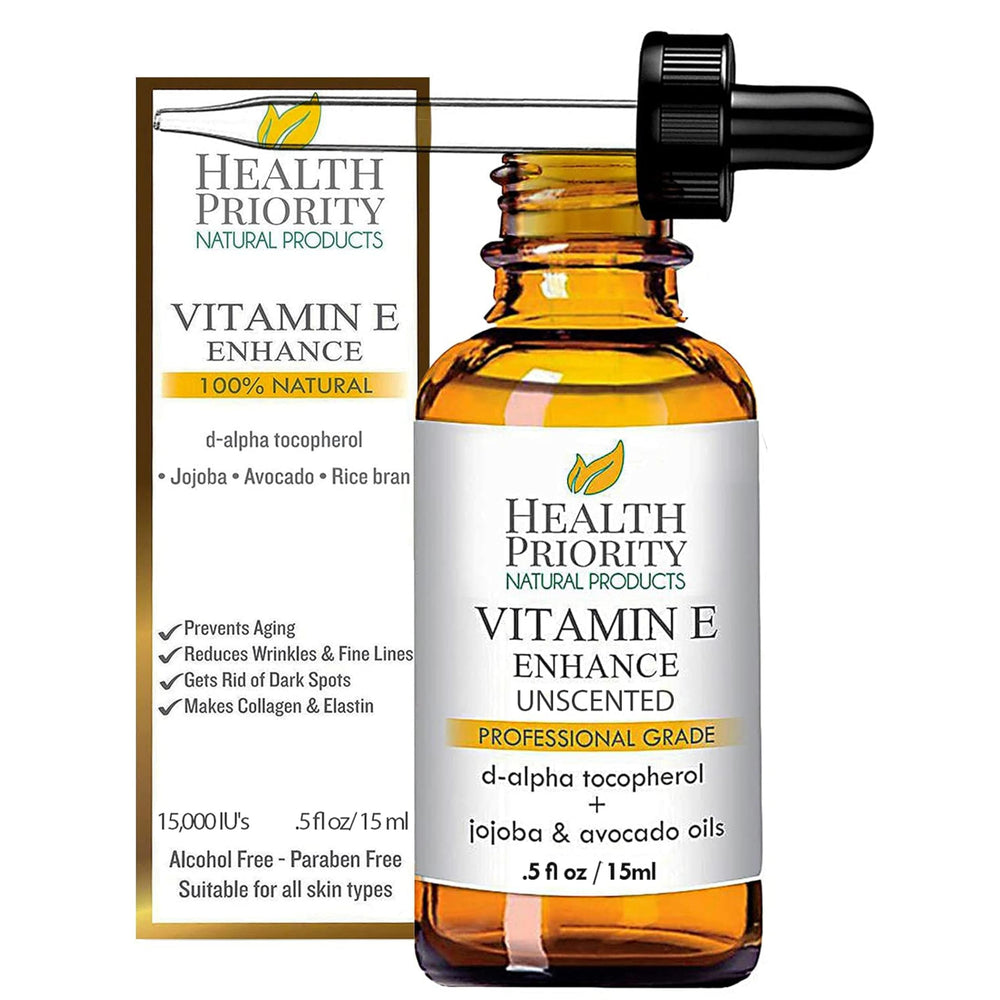 Health Priority Naturals vitamin E oil bottle shows pure formula for skin nourishment.