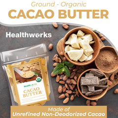 Healthworks cacao butter kibble form emphasizes texture for baking and smooth spreads.
