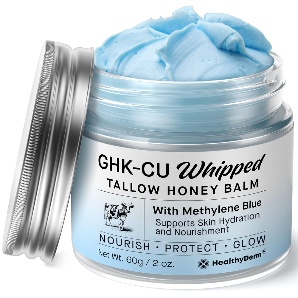 HealthyDerm Blue Balm jar closeup highlights rich hydration for mature, dry skin.