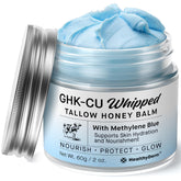 HealthyDerm Blue Balm jar closeup highlights rich hydration for mature, dry skin.