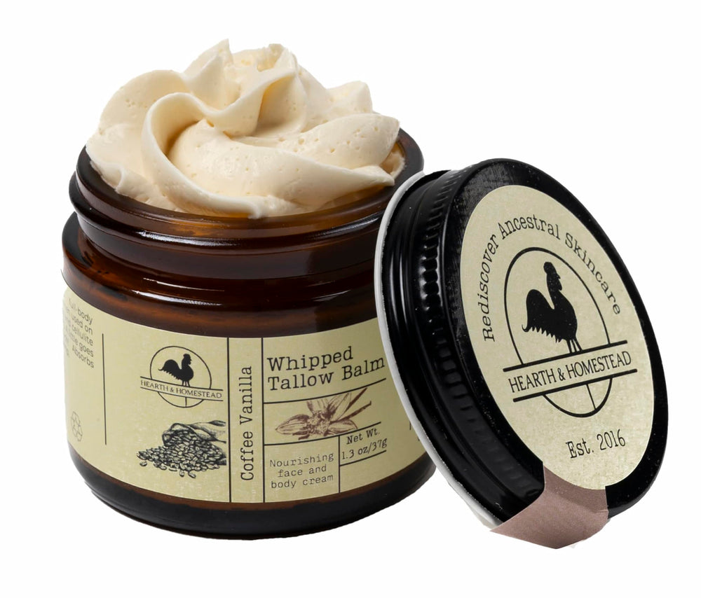 Hearth and Homestead whipped tallow balm Coffee Vanilla label closeup for natural skincare.