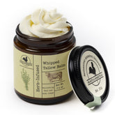 Hearth and Homestead whipped tallow balm in large jar closeup shows rich moisture for dry skin.