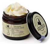 Hearth and Homestead whipped tallow balm lavender bottle highlights calming skin ritual.