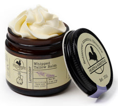 Hearth and Homestead whipped tallow balm lavender bottle highlights calming skin ritual.