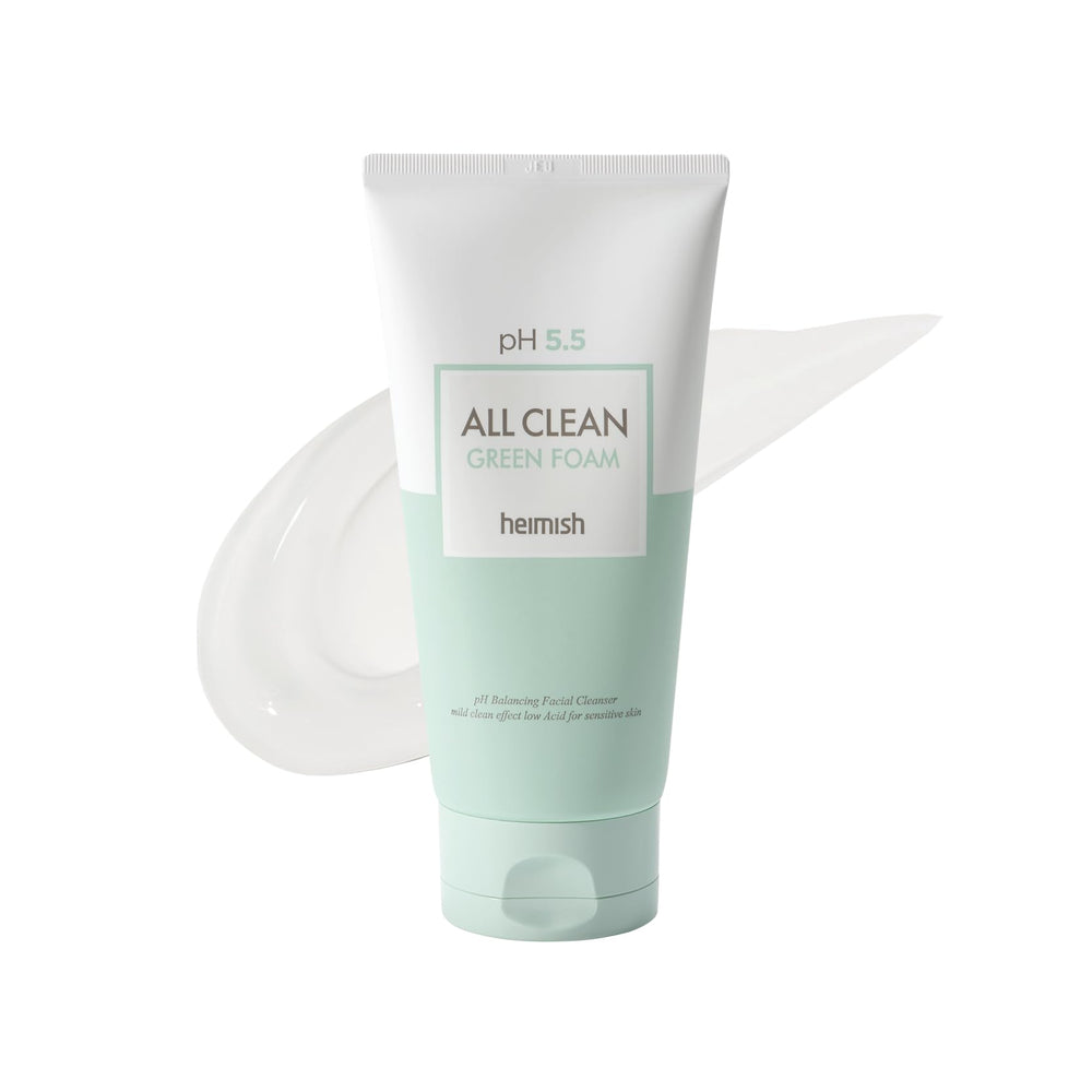 HEIMISH All Clean Green Foam bottle close-up emphasizes gentle amino acid cleansing for sensitive skin.
