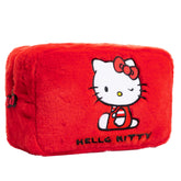 Hello Kitty fluffy makeup bag front view shows playful design and travel-ready storage for cosmetics.