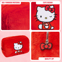 Hello Kitty fluffy makeup bag soft texture closeup emphasizes plush feel and everyday portability.