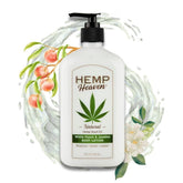 Hemp Heaven Lotion bottle front view with peach and jasmine scent