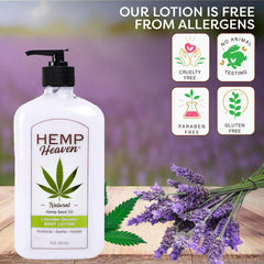 Hemp Heaven Lotion label closeup highlighting paraben-free hemp oil.