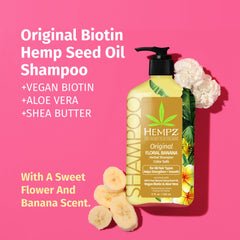 Hempz Biotin Hair Shampoo label-avocado-oil graphic emphasizes moisture retention