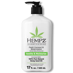 Hempz body lotion fresh coconut and watermelon bottle sits on bathroom shelf for daily hydration.