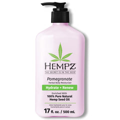 Hempz body lotion pomegranate bottle front, highlighting 17oz size for daily moisturization.