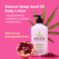 Hempz body lotion pomegranate pump dispensing, illustrating easy, non-greasy application.
