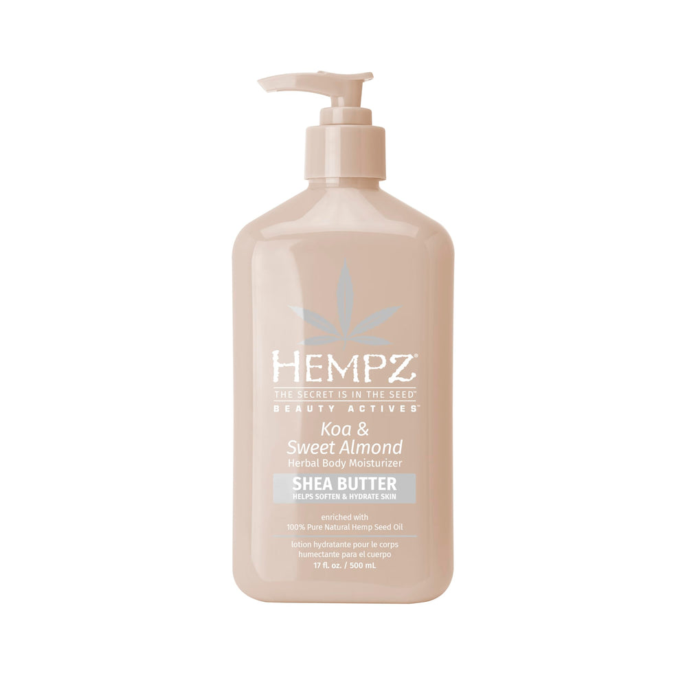 Hempz Koa & Sweet Almond bottle highlights lightweight hydration for dry skin.