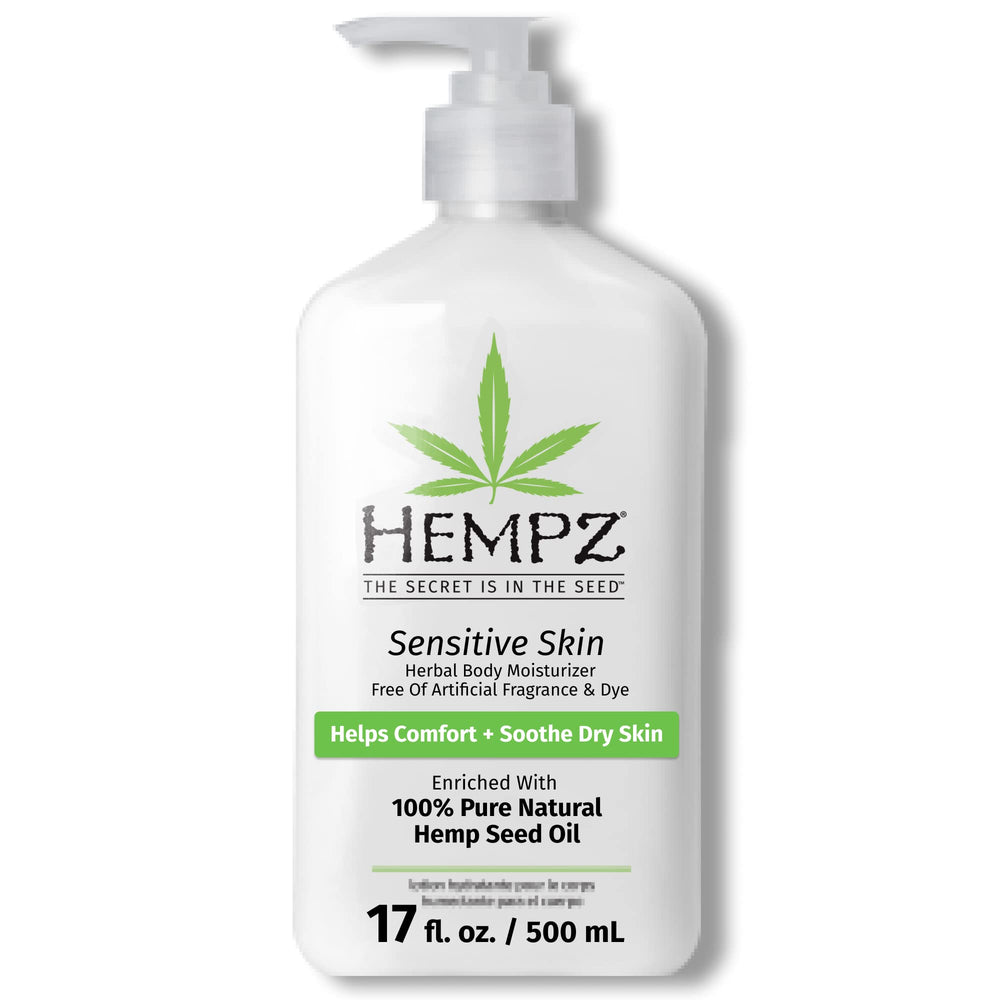Hempz Sensitive Skin Herbal Moisturizer bottle demonstrates fragrance-free daily hydration.