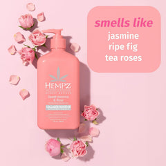 Hempz Sweet Jasmine & Rose lotion texture close-up highlighting non-greasy, quick-absorbing formula.