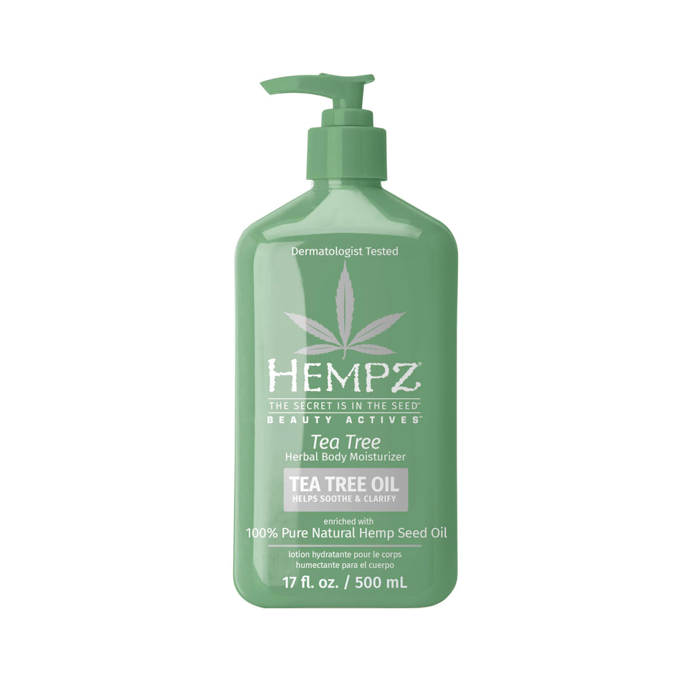 Hempz Tea Tree Herbal Body Moisturizer 17oz bottle front for daily hydration and refreshing scent.