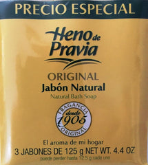 The Heno de Pravia natural bath soap set inside view shows triple-pack convenience for routines.
