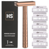 Henson Shaving copper double edge razor demonstrates ergonomic balance for a clean shave.