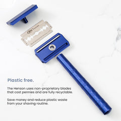 Henson Shaving copper razor open channels ease cleaning and reduce clogging during shave.