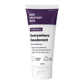 Her Fantasy Box Everywhere Deodorant berry scent packaging highlighting aluminum-free protection and probiotic balance.