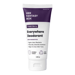 Her Fantasy Box Everywhere Deodorant berry scent packaging highlighting aluminum-free protection and probiotic balance.