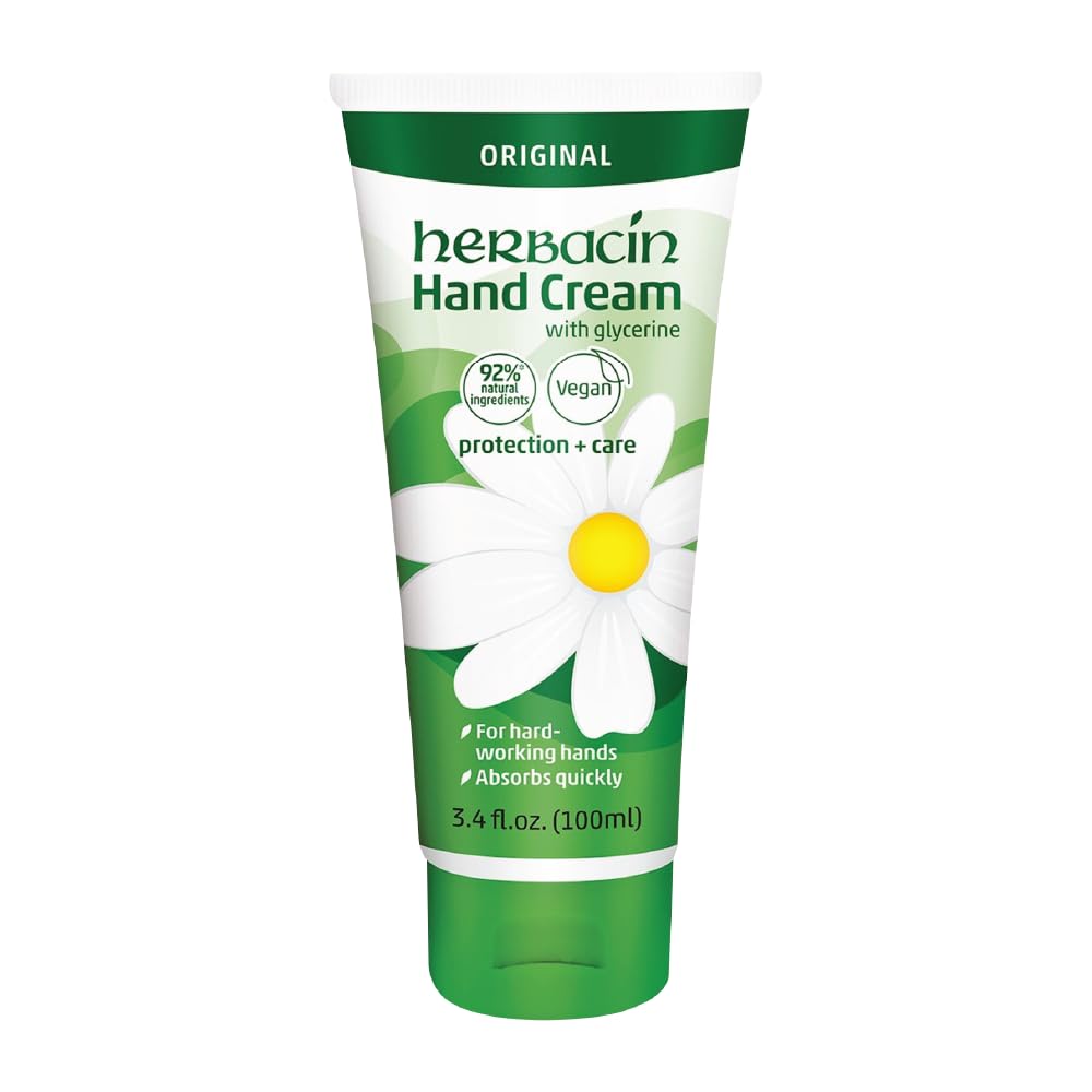 Herbacin Kamille Hand Cream jar shows triple-action care for soft hands