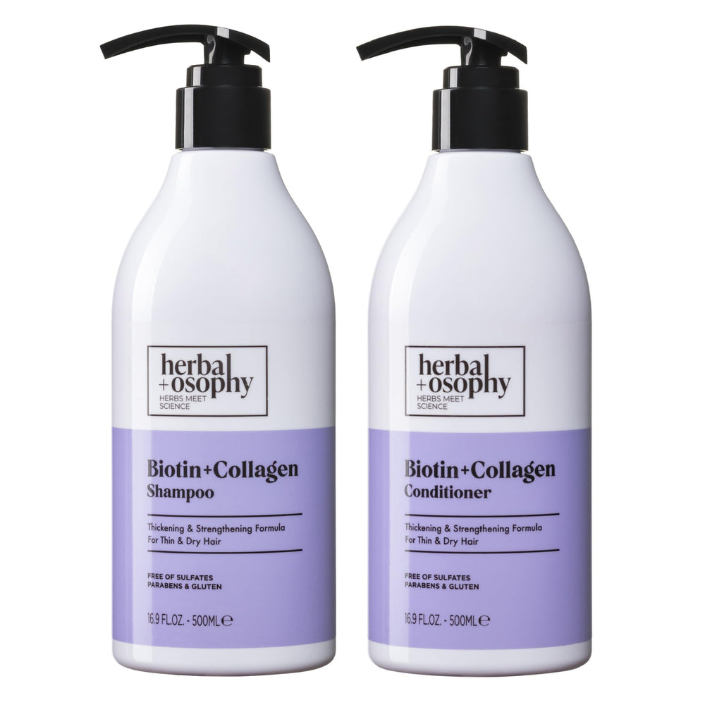 Herbalosophy Biotin & Collagen Shampoo bottle suggests stronger strands through premium formula
