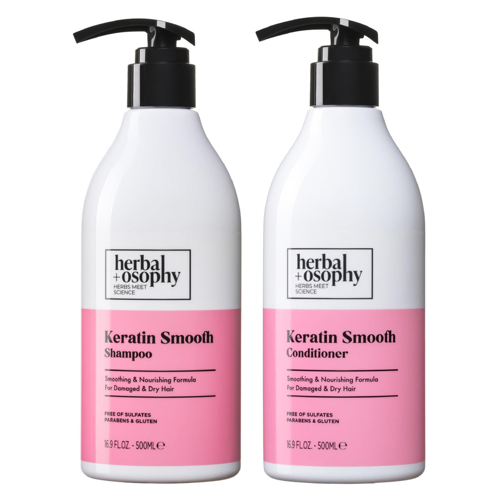 Herbalosophy keratin shampoo bottle shows smoothing formula for hydrated hair