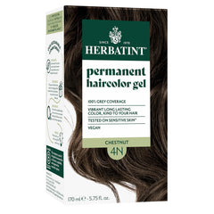 Herbatint 4N Chestnut bottle highlights vegan permanent color with lasting coverage.