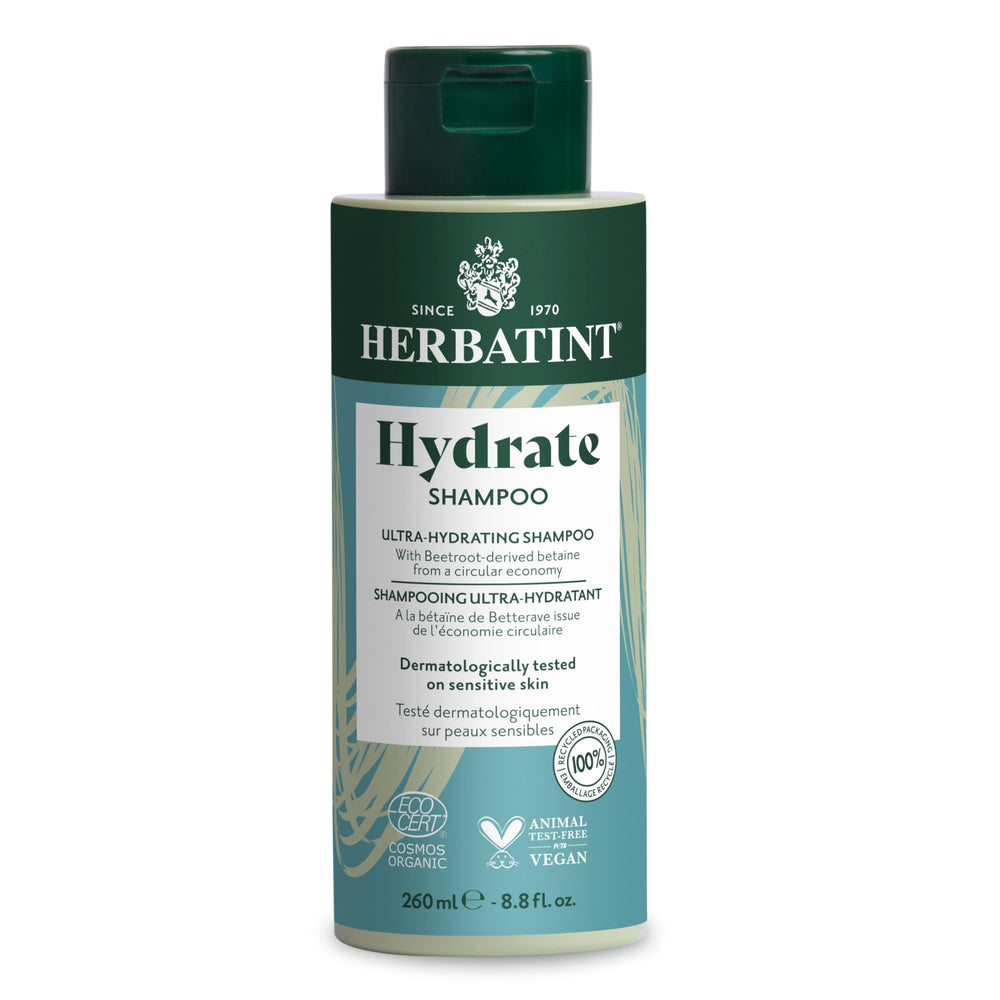 Herbatint Hydrate Shampoo bottle shows hydration-ready formula for thirsty hair.