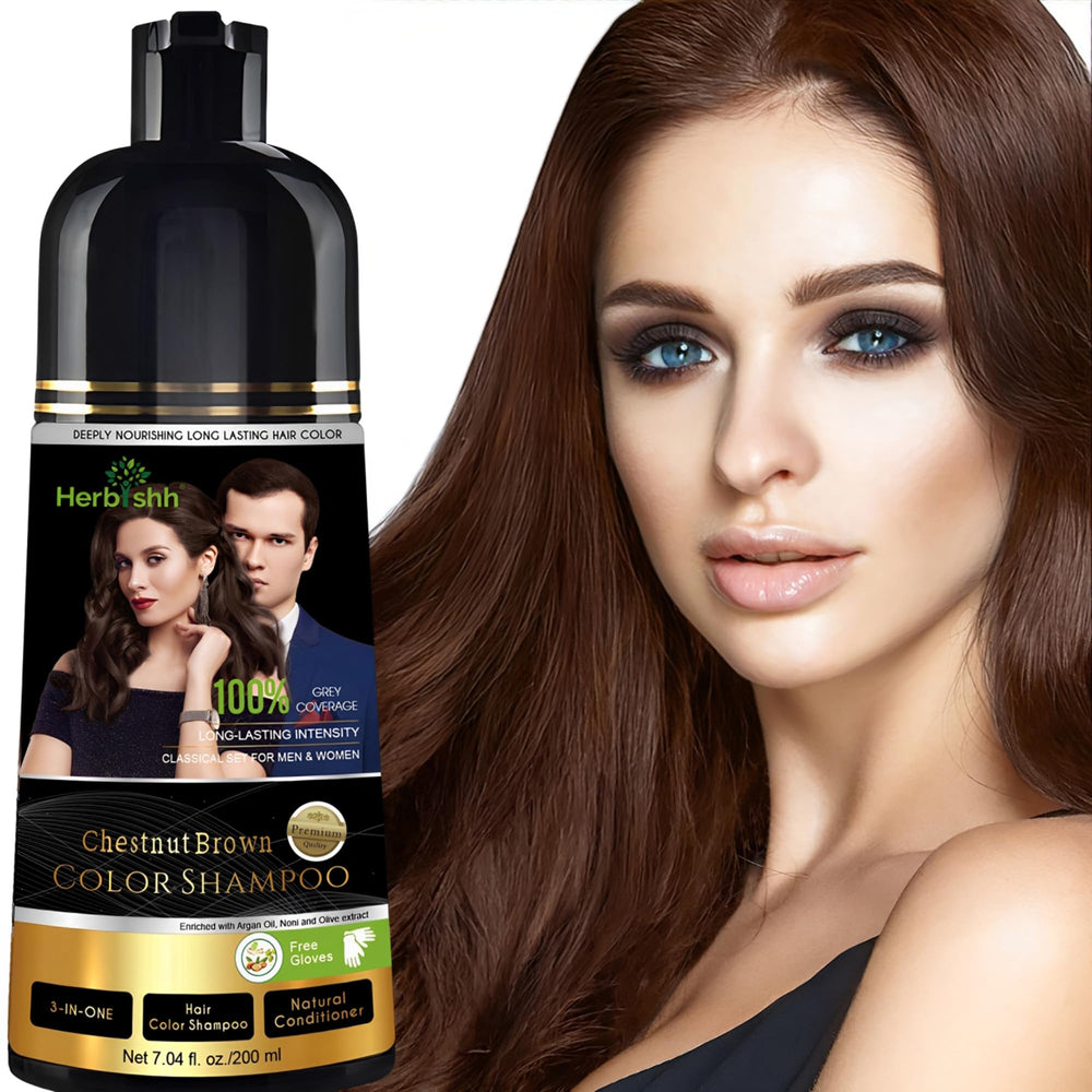 Herbishh Chestnut Brown Shampoo bottle ready for at-home color and conditioning.