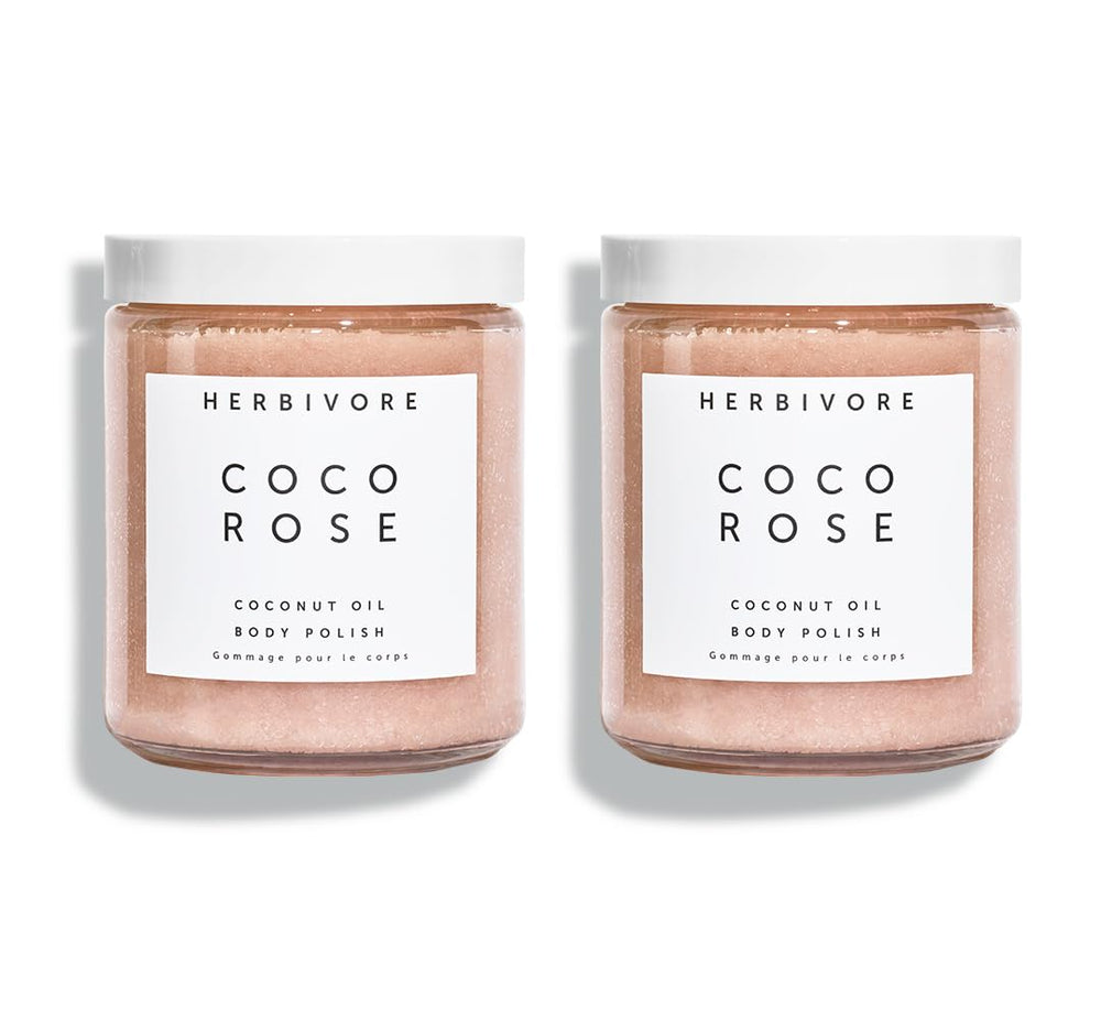 Herbivore Coco Rose scrub jar ready for moisturizing exfoliation.